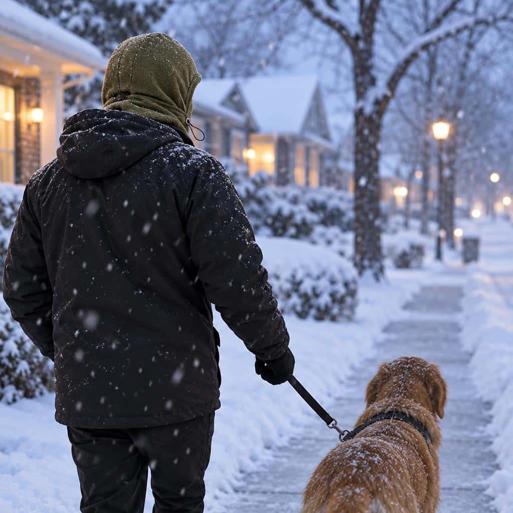 A person in a black jacket and olive knit hood walks a golden dog on a snowy sidewalk past houses at dusk.